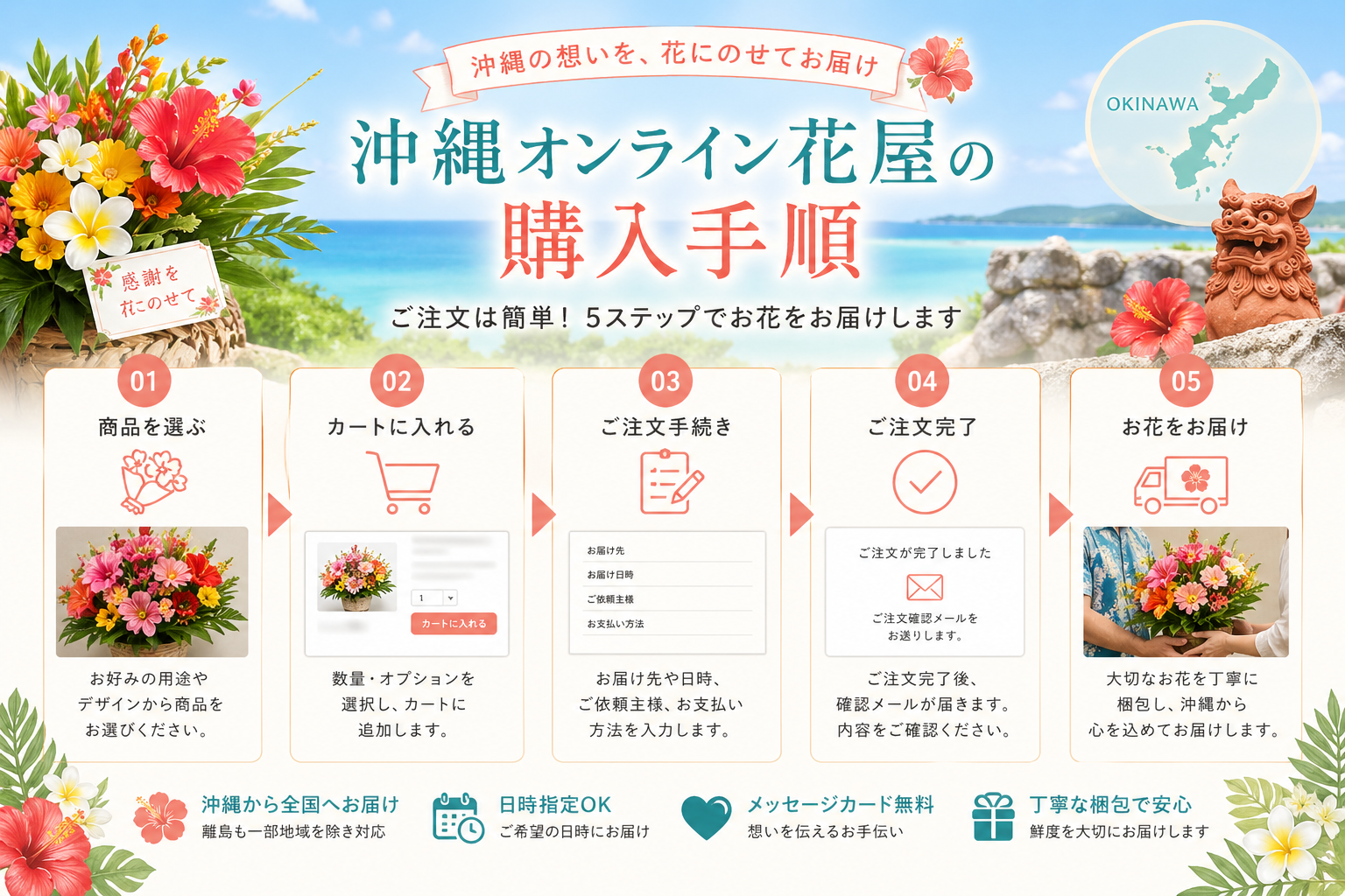 沖縄オンライン花屋の購入手順を解説した画像｜花の注文から配達まで5ステップで分かるガイド