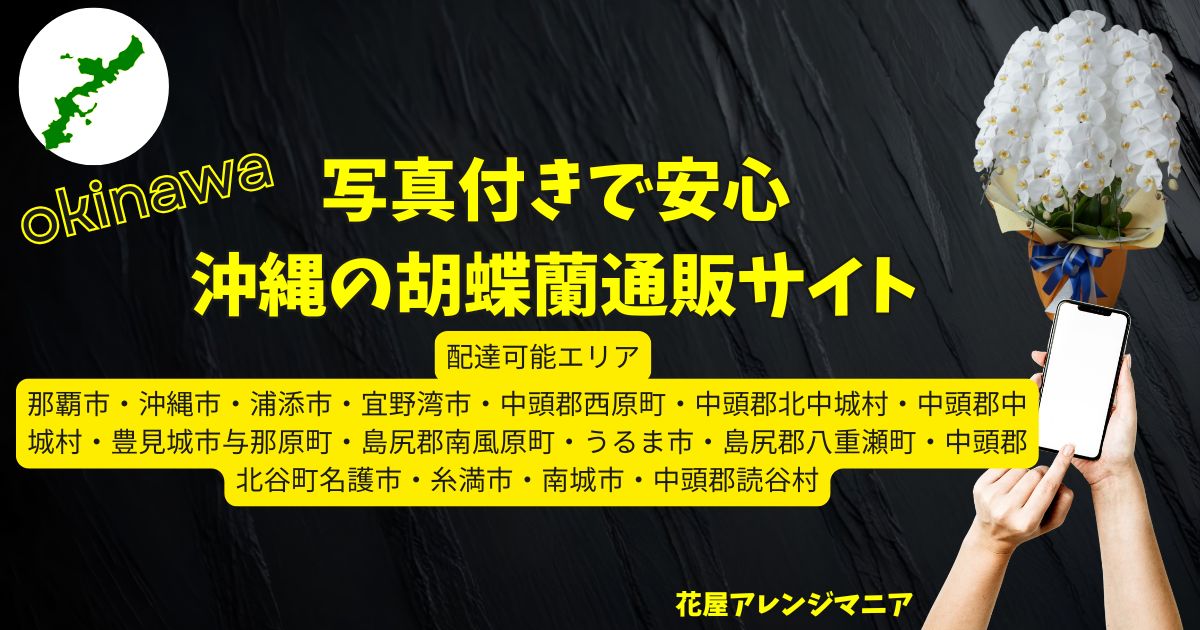 写真付きで安心の沖縄胡蝶蘭通販サイトを紹介するスマホと配達地域入りの案内画像