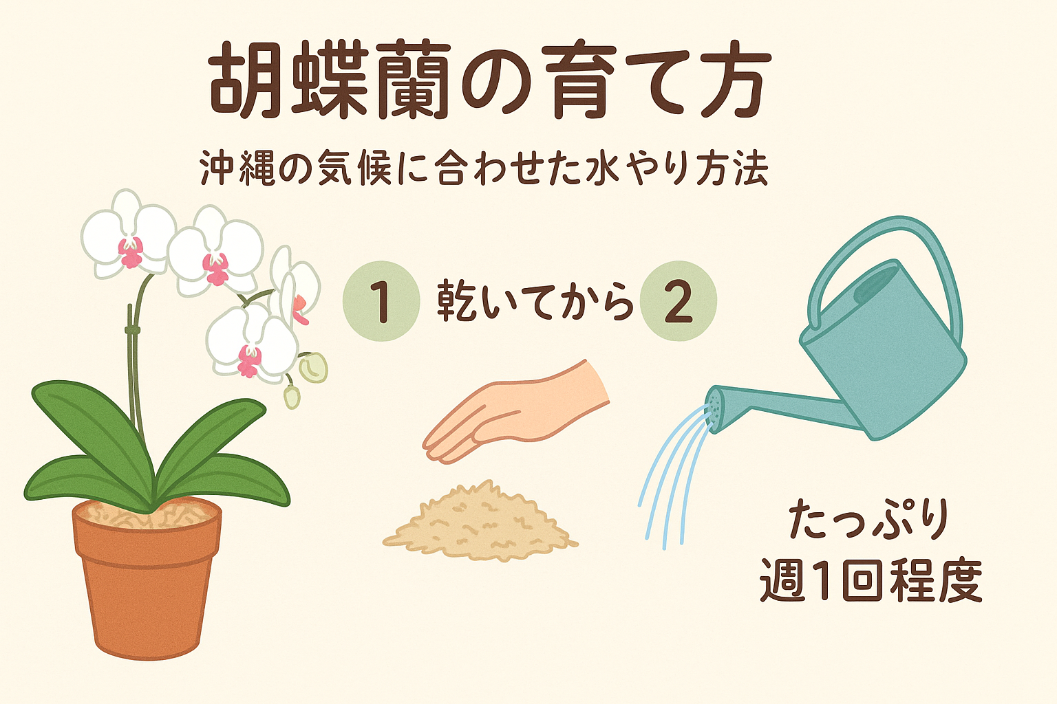 胡蝶蘭の水やり方法をイラストで説明した図解|沖縄の気候に合わせた乾いてからの給水手順