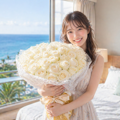 沖縄でプロポーズに贈る白薔薇108本の花束|ホテル配達対応・上品で純粋な愛を伝えるサプライズ