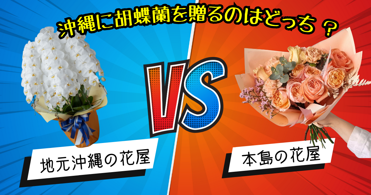 沖縄で胡蝶蘭を贈るならどっち？地元沖縄の花屋と本州の花屋を比較したイメージ画像｜送料無料・鮮度・価格の違いが一目で分かる