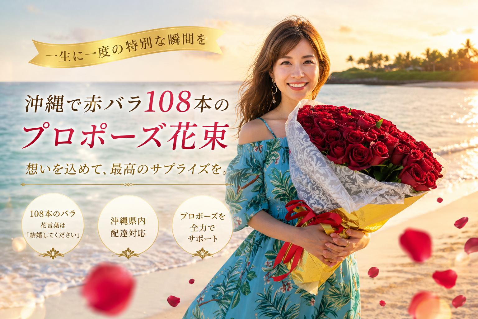 沖縄のビーチで赤バラ108本の花束を持つ女性｜プロポーズ用フラワーギフト・サプライズ演出イメージ