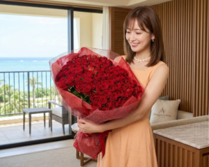 沖縄プロポーズ赤バラ100本の花束｜ホテルサプライズ対応プロポーズ花束