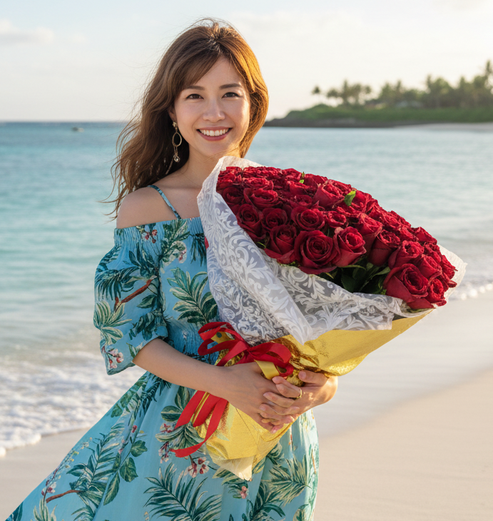 沖縄でプロポーズに人気の赤バラ108本の花束|ホテルサプライズ用プロポーズ花束