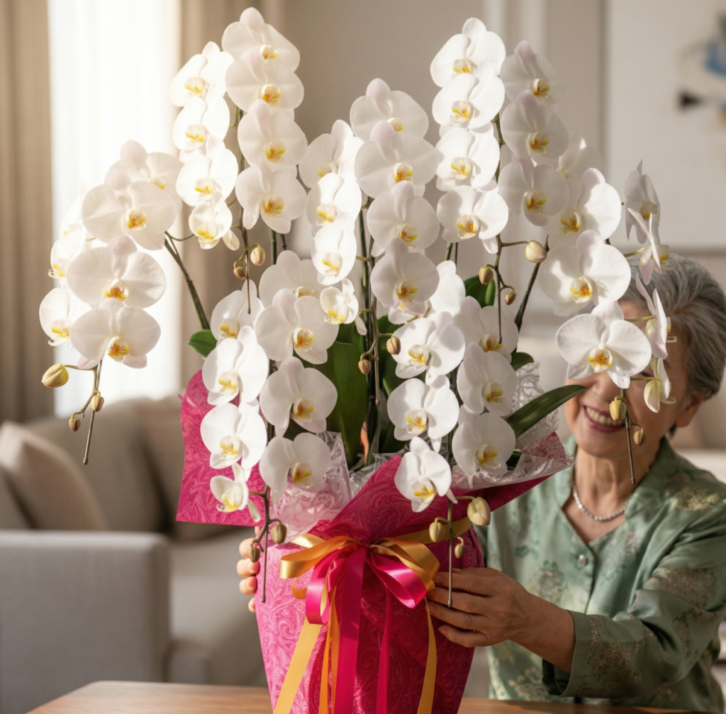 還暦祝いで胡蝶蘭を受け取る場面|沖縄のフラワーショップから配達