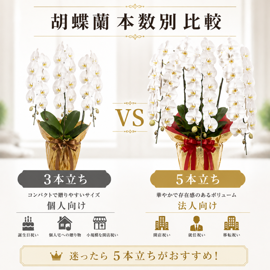 胡蝶蘭3本立ちと5本立ちの比較画像｜沖縄配達対応・法人向けギフトに最適な本数別の違いを解説