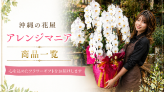 沖縄の花屋アレンジマニアの商品一覧｜大輪白の胡蝶蘭を持つ女性スタッフと高級フラワーギフトイメージ