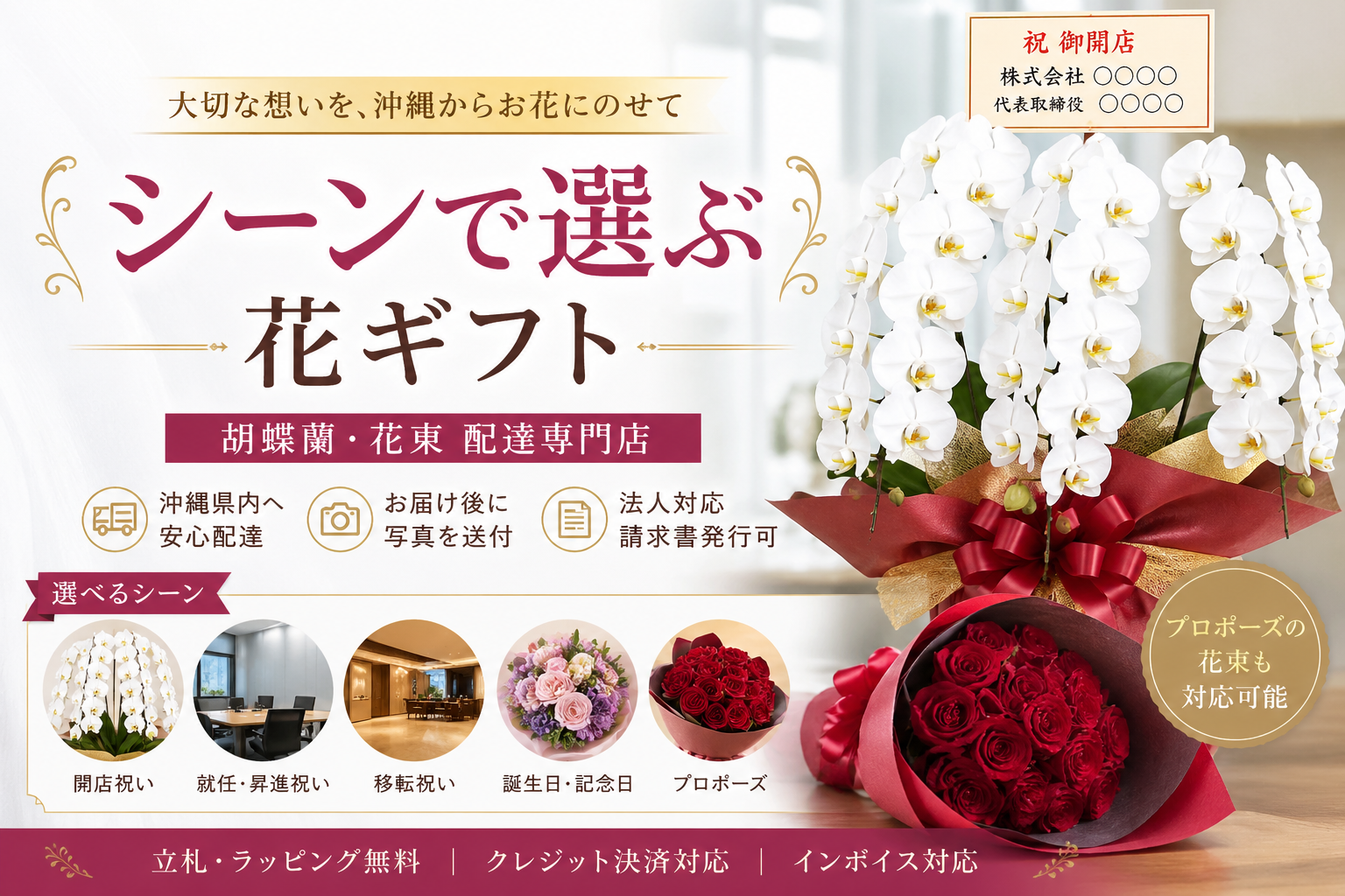 沖縄で花を贈るシーン別ギフト特集｜プロポーズ花束・胡蝶蘭配達対応
