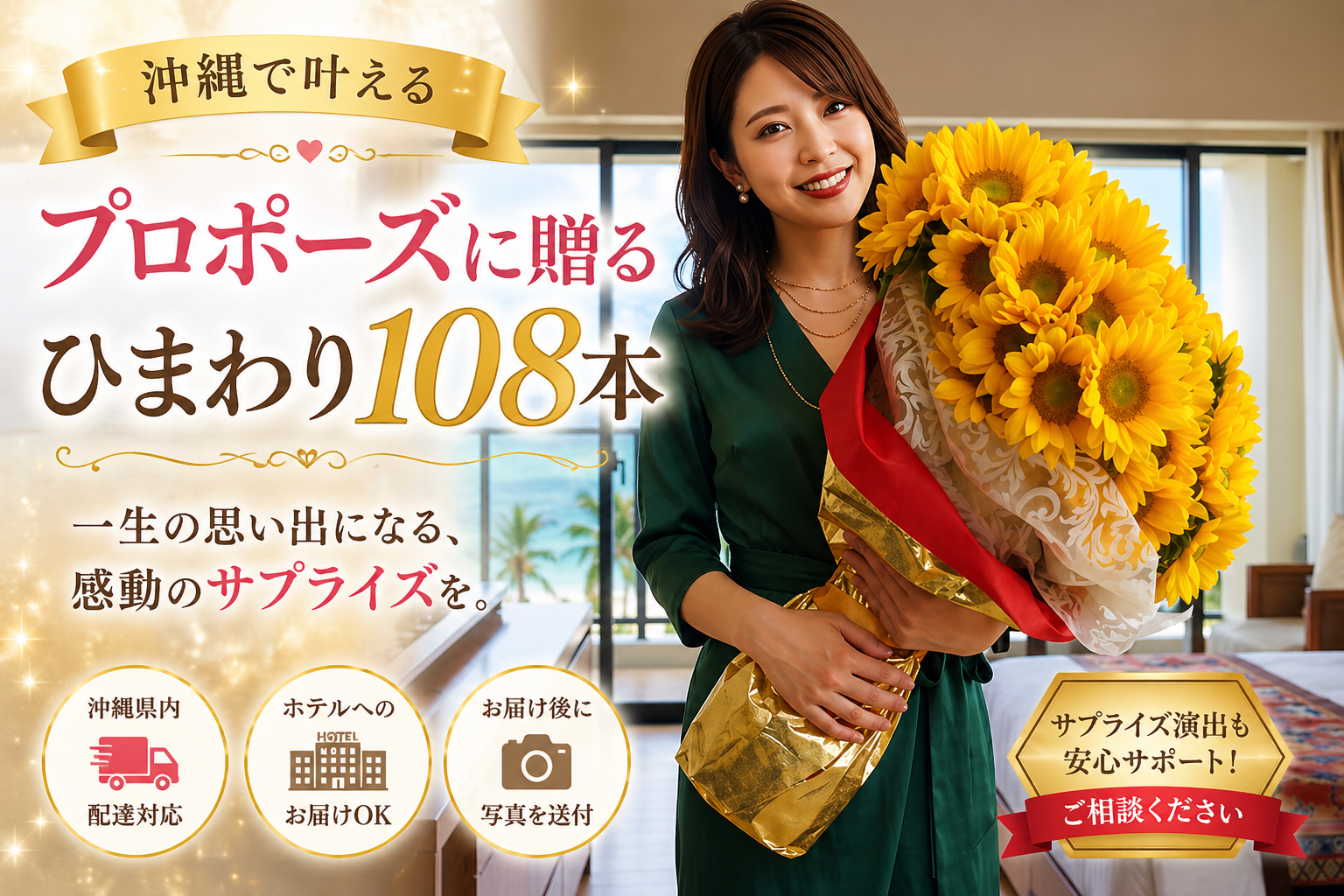 沖縄でプロポーズに贈るひまわり108本の花束｜ホテルでのサプライズ演出と配達対応の花ギフト