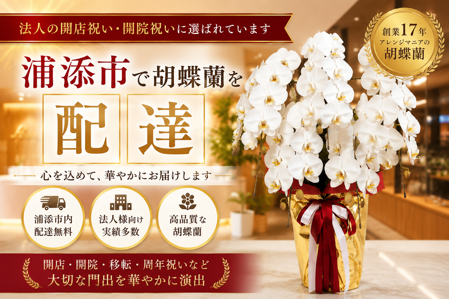 浦添市で胡蝶蘭を配達する花屋アレンジマニアの法人向け白胡蝶蘭｜開店祝い・開院祝い対応