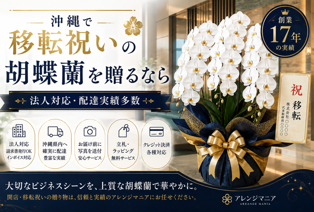 沖縄で移転祝いに贈る高級胡蝶蘭、法人向け配達対応の花屋アレンジマニア