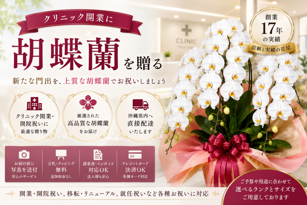 クリニック開業祝いに贈る胡蝶蘭|開院祝い・医療法人向け高級胡蝶蘭を沖縄県内へ配達